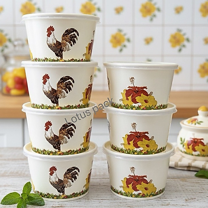 (พร้อมฝา)ถ้วยกระดาษลายไทย /ลายคราม/ลายไก่/ 850 cc/750 cc /520 cc /390 cc /ขายพร้อมฝาปิด