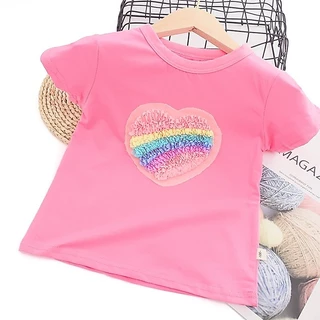 ใหม่ เสื้อยืดผ้าฝ้าย 100% แขนสั้น ปักลายหัวใจ สีรุ้ง สําหรับเด็กผู้หญิง 2026 P980
