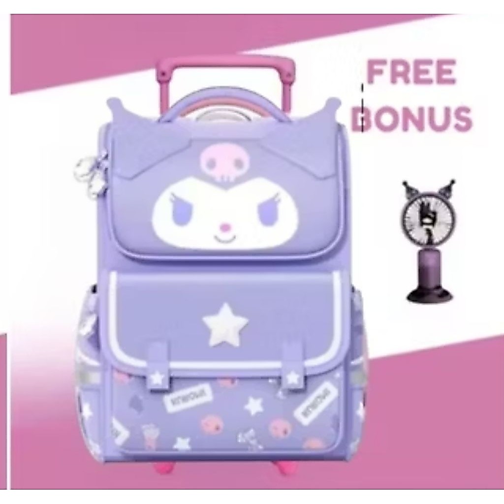 SANRIO KUROMI MELODY CINAMOROLL GIRLS PUSH TROLLEY BAG ฟรีพัดลม ELEMENTARY SCHOOL และ KINDERGARTEN กระเป๋า