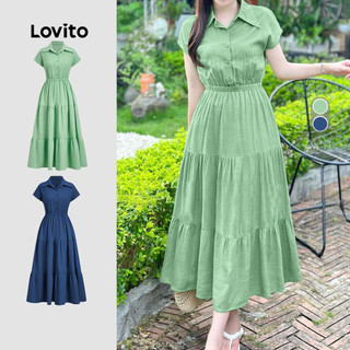 Lovito Casual Women Dress Button Spring/summer Green Dress L157LD279