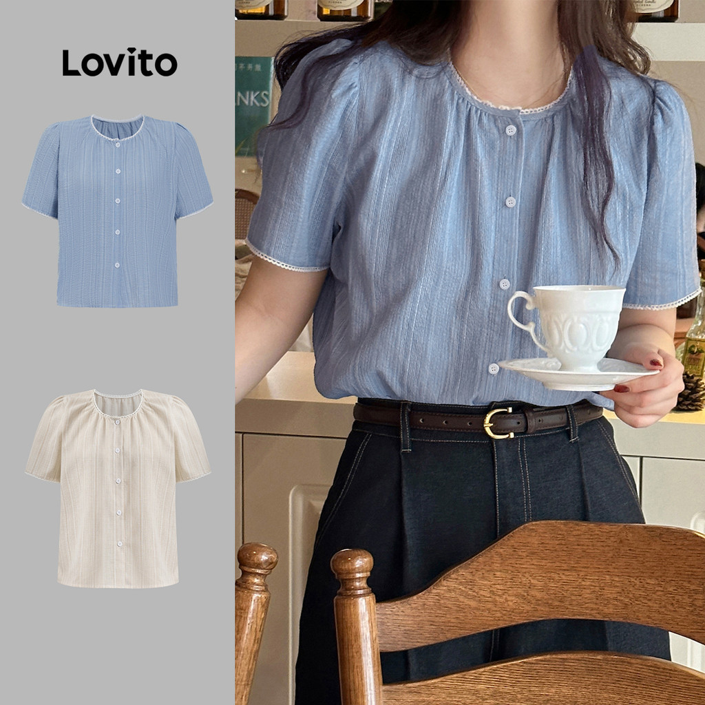 Lovito สง่างาม เสื้อเบลาส์ผู้หญิง กระดุมหน้า สีพื้น สไตล์ L99ED673