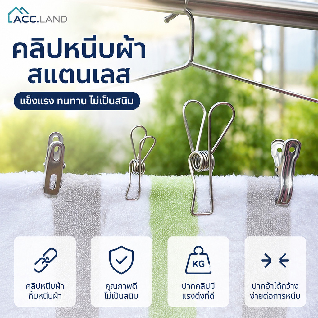 ที่หนีบผ้าสแตนเลส คุณภาพดี ปากคลิปมีแรงดึงที่ดีและไม่เป็นสนิม(ยกโหล12ชิ้น)พร้อมส่งL-1050