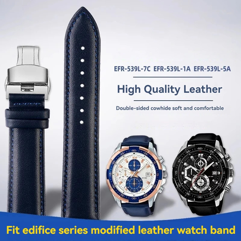สําหรับ Casio EDIFICE นาฬิกา Ocean Heart EFR-539L Racing F1 Cowhide นาฬิกา EFR-539 สีดําสีฟ้าชายสายร