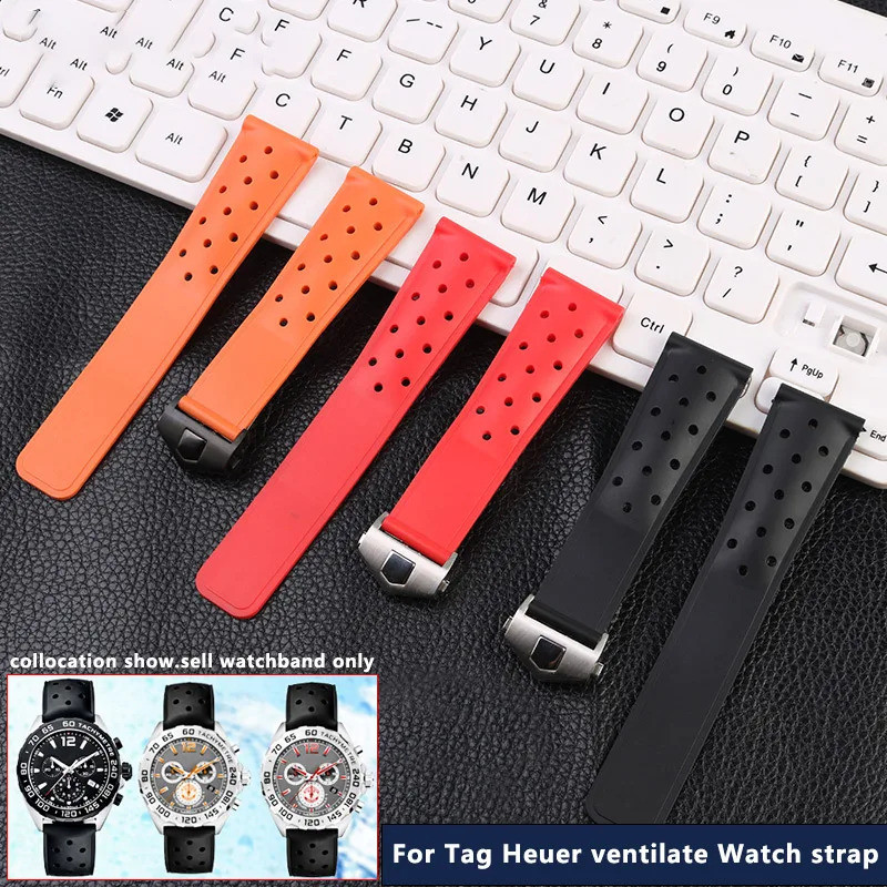 แฟชั่นกีฬานาฬิกายางสําหรับ Tag Heuer MONACO CARRERA FORMULA 1 สร้อยข้อมือ 22 มม.ผู้ชายสีดําสีส้มสีฟ้