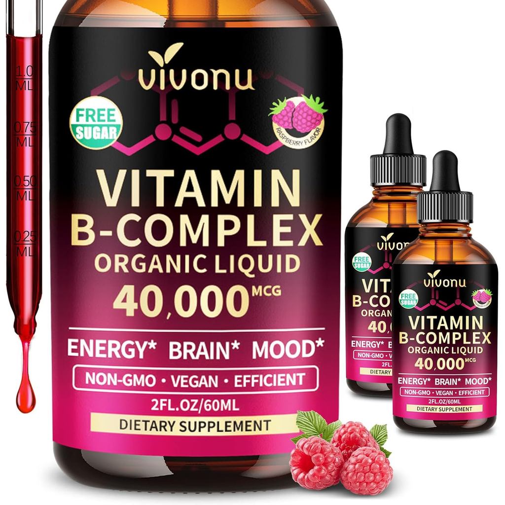 VivoNu Vitamin B Complex Liquid Drops, Methylized Vitamin B12 6000mcg, B1, B6, B3, B5, B2, กรดโฟลิก,