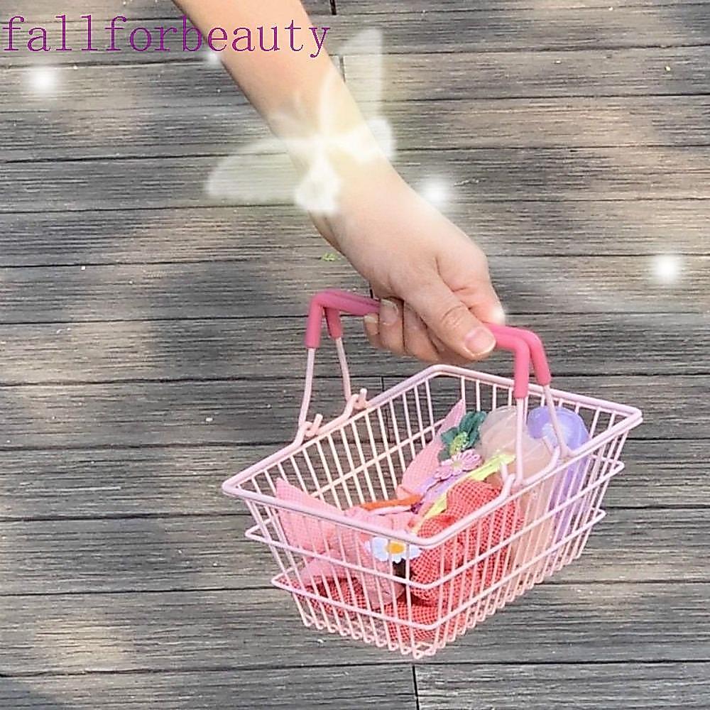 FALLFORBEAUTY ตะกร้าเก็บขนาดเล็ก, โลหะ Hollow Shopping Cart Storage, น่ารัก Organizer ตกแต่งของเล่นรถเข็นคอนเทนเนอร์เดสก์ท็อป