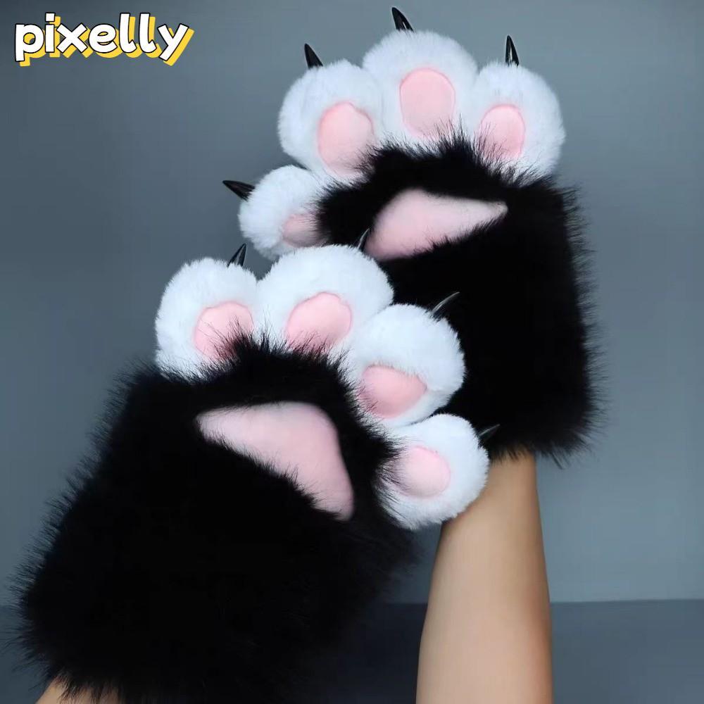 PIXELLY 1 PC คอสเพลย์ถุงมือแมว, การ์ตูน Squeaking Cat Claw Mittens, Plush Thicken สัตว์ Furry ถุงมือ Props