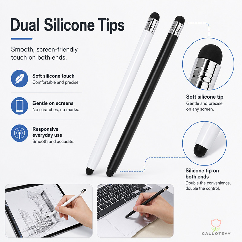 ปากกาสไตลัสซิลิโคนสองหัว ปากกาสัมผัสแบบ Capacitive ปากกาเขียนด้วยลายมือ ปากกาสำหรับแท็บเล็ต โทรศัพท์ ปากกาสไตลัสสำหรับว