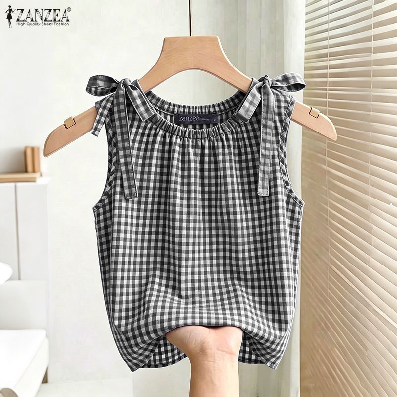 ZANZEA ผู้หญิงสาวเกาหลี O คอแขนกุดหลวมลายสก๊อต Bowknot Tank — صورة 5