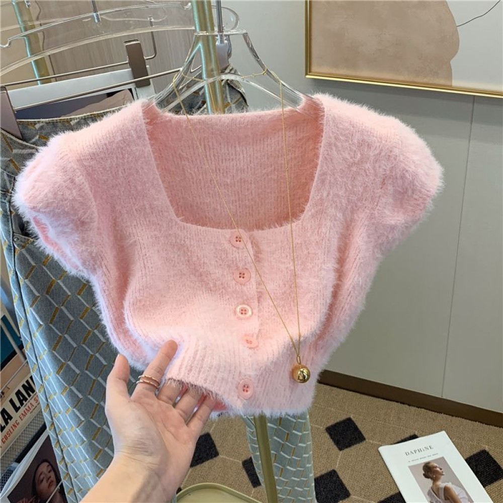 เสื้อสเวตเตอร์ถักแขนสั้นสีชมพู ดีไซน์หวาน น่ารัก และเซ็กซี่ สไตล์ใหม่ คอเหลี่ยม เสื้อท็อปมาโมะ เหมาะ