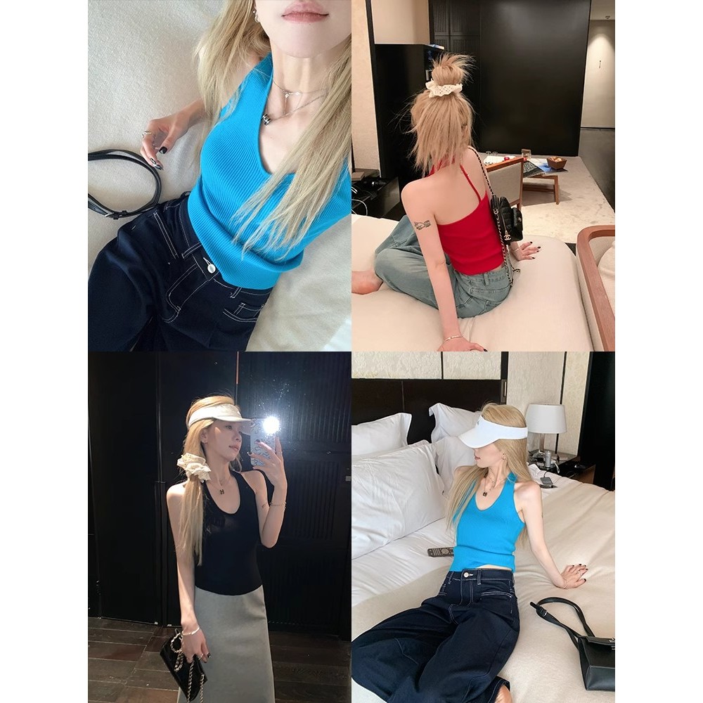 Camisole คอแบบ Halter สำหรับผู้หญิง แขนสั้น สไตล์summer สามารถใส่ได้นอกบ้าน Lin Chuyi 7VAP