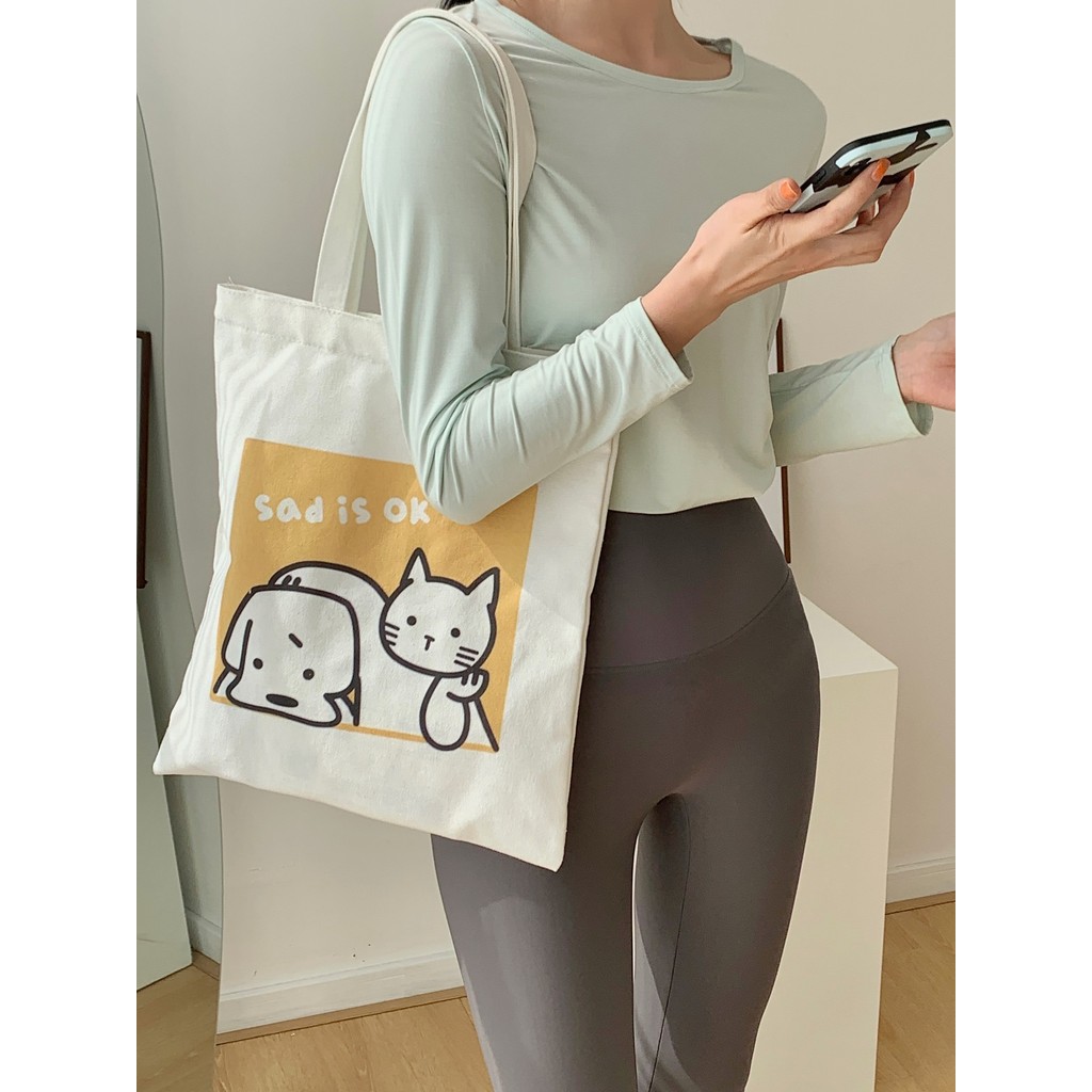 Arey sad is ok Owl Dog Cartoon Hand-Painted Print Zipper Shoulder Bag Canvas Bag Eco Bag