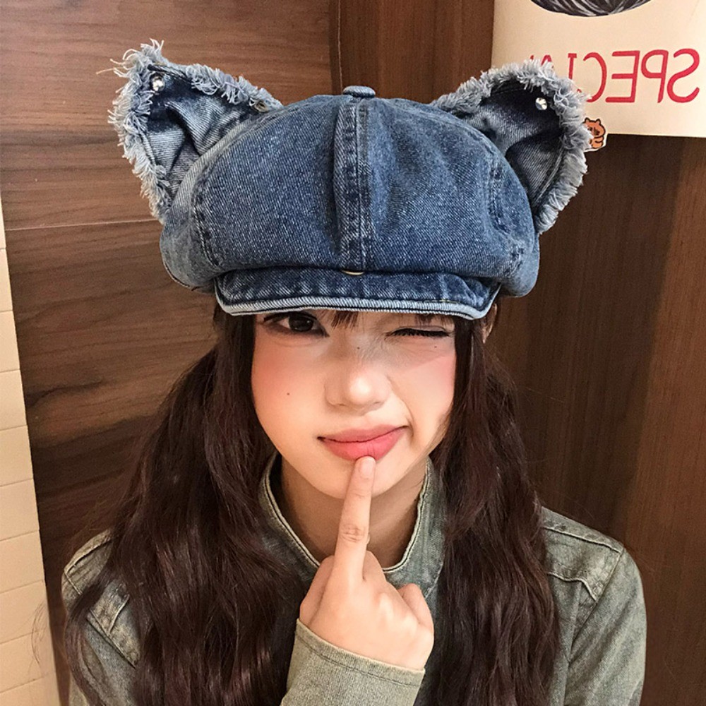 หมวกเบเรต์แบบหูแมวน่ารักสไตล์คาวบอย-retro สำหรับผู้หญิง ออกแบบมาในทรงแปดเหลี่ยม:size=small
