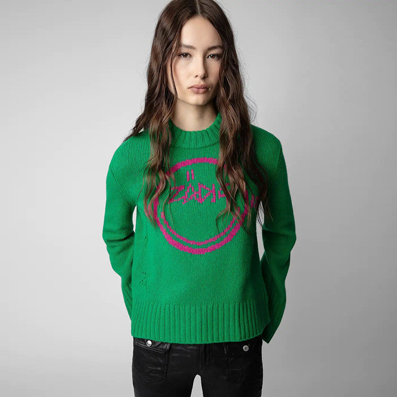LVLJ ZADIG&VOLTAIRE 22Autumn and Winter New French Niche Smiley Face Letter Hanging Green100%Wool Kn