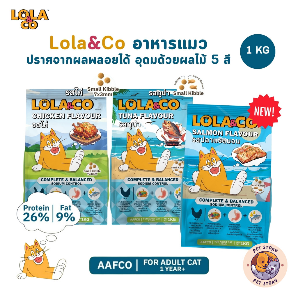 Lola&Co อาหารเม็ดแมว สำหรับแมวโต ปราศจากผลพลอยได้ อุดมด้วยผลไม้ 5 สี ดีต่อสุขภาพ ขนาด 1 kg