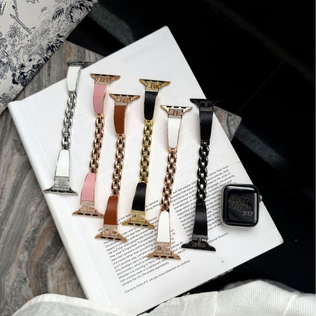 工字满钻贴皮全铜金属表带适用于苹果手表iwatch10代9876Ultra/SE