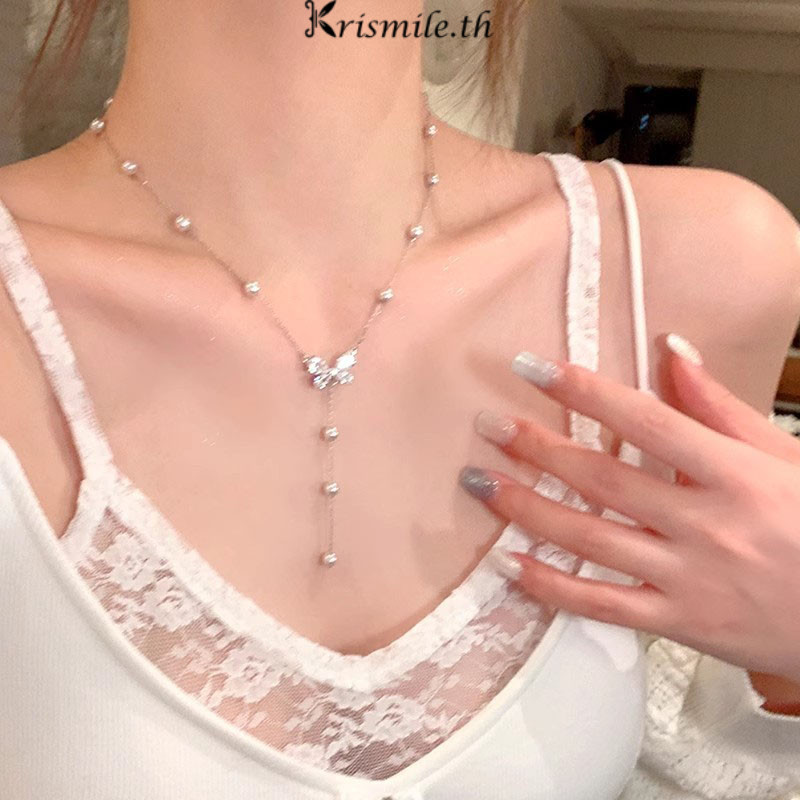 COD-ในไทย💖สร้อยคอผีเสื้อ จี้ประดับมุก หรูหราแสงสไตล์เกาหลี เครื่องประดับแฟชั่น สําหรับผู้หญิง-Krismile.th