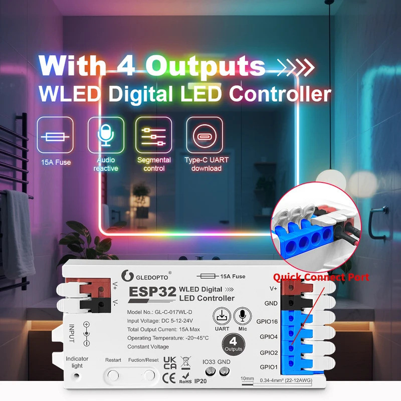 GLEDOPTO ESP32 WLED Controller 4 ช่องเอาต์พุต 15A ฟิวส์ระดับ Shifter UART ดาวน์โหลด DIY แบบไดนามิกโหมด APP ควบคุมเสียง