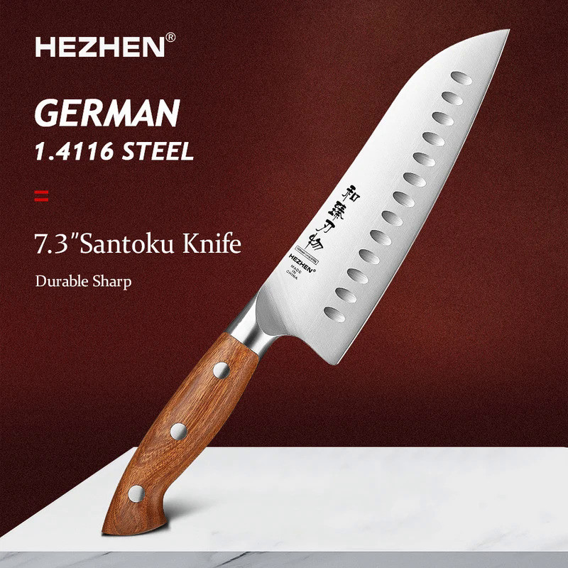 HEZHEN  7.3 Inches Santoku Knife German 1.4116 Steel Kitchen Knife Cutter Kitchen Tools 56-58 HRC Gi