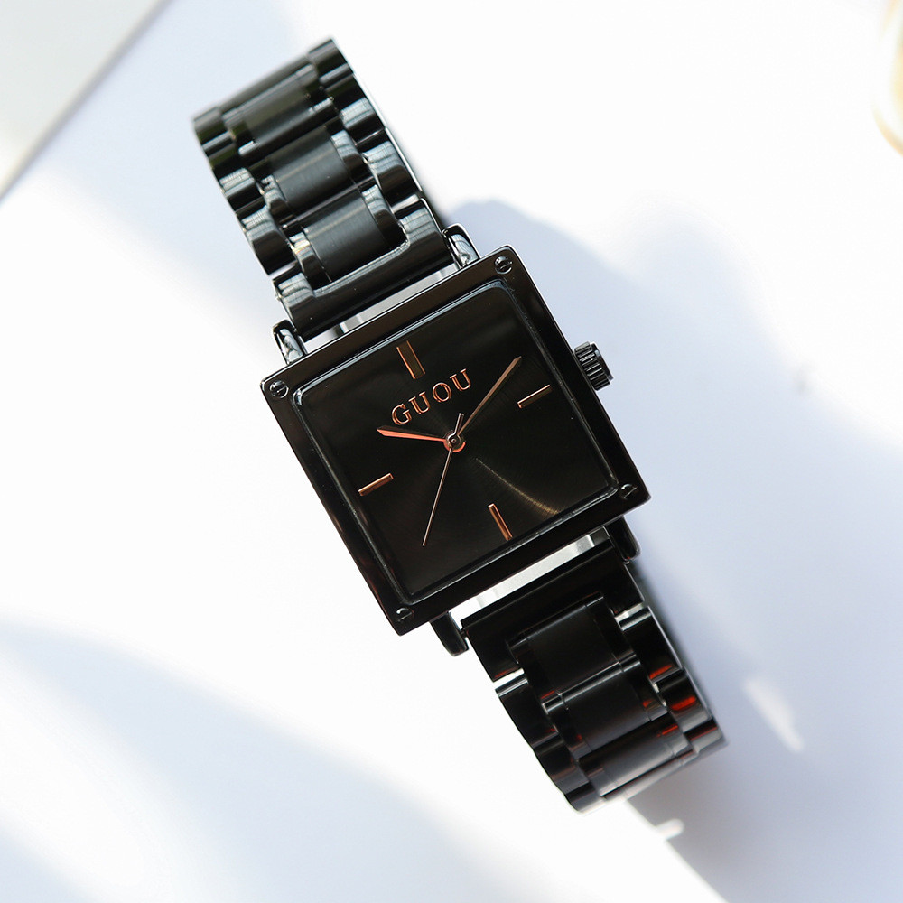 GUOU GUOU นาฬิกาผู้หญิงอารมณ์เรียบง่ายแฟชั่นสแควร์สีดําเหล็กนาฬิกาผู้หญิงนาฬิกาควอทซ์กันน้ําผู้หญิง