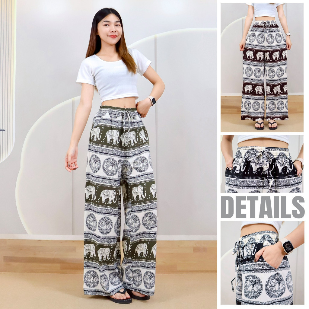 กางเกงขายาว ทรงขากระบอกกลาง พิมพ์ลายช้าง ผ้าไหมอิตาลี่ เนื้อผ้านิ่ม ใส่ได้ทั้งชายและหญิง p93711#