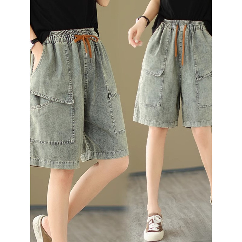 saran ยีนส์ shorts กางเกงขาสั้นผ้ายีนส์ผู้หญิงไซส์ใหญ่ฤดูร้อนเอวยางยืดแบบบางกางเกงเอวสูงแมทช์ลุคง่าย