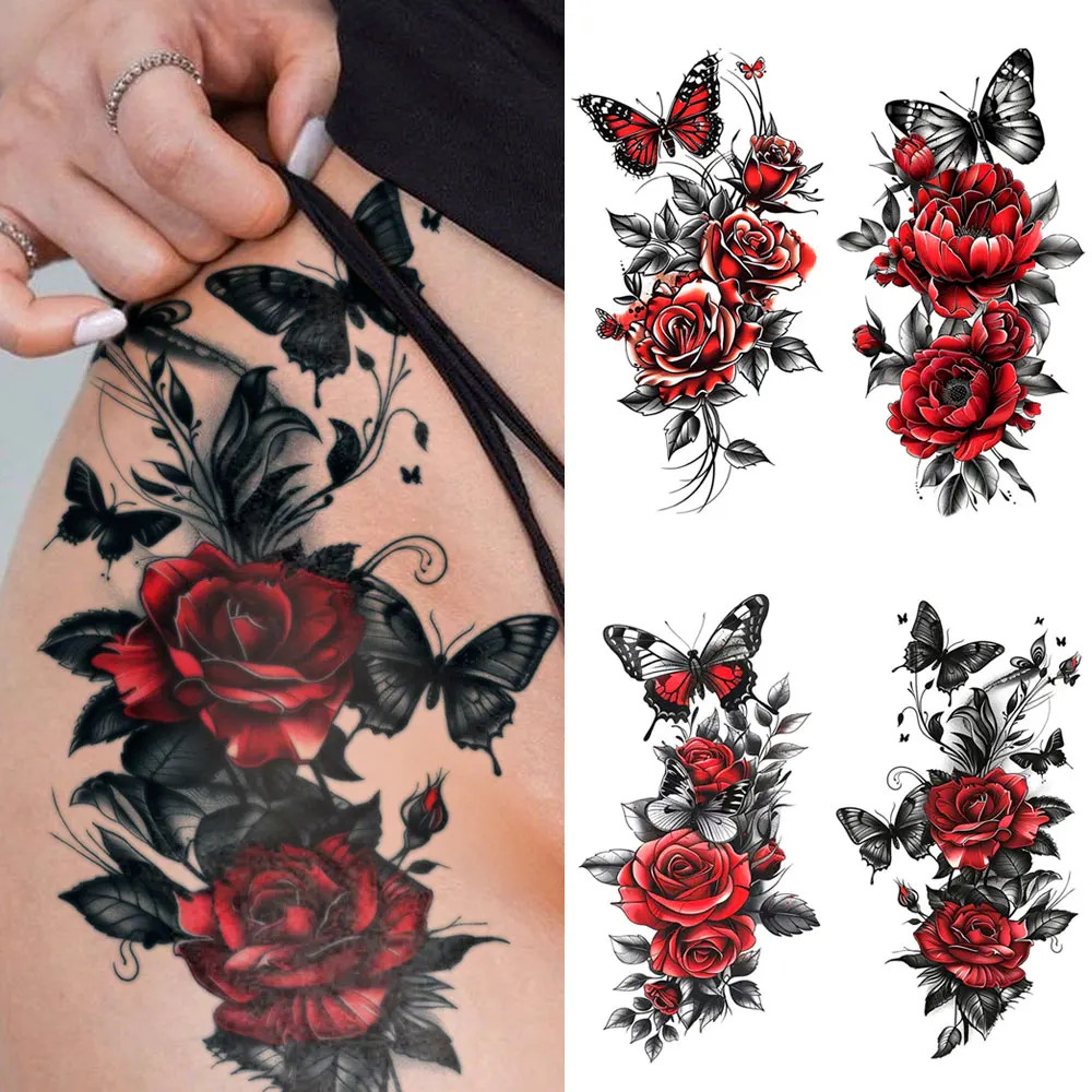 สติกเกอร์ลายสักชั่วคราว สำหรับแขนผู้หญิงและผู้ชาย มีหลายแบบ เช่น ผีเสื้อสีแดงและดอกกุหลาบในสไตล์มืด