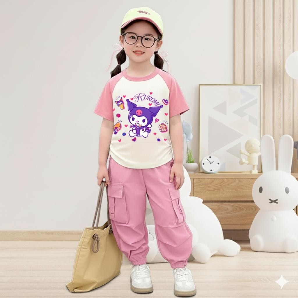 PINKชุดเซ็ทเด็ก2ชิ้น เสื้อยืดลายการ์ตูน+กางเกงคาร์โก้ สไตล์เกาหลี 9471 - รูปที่ 3