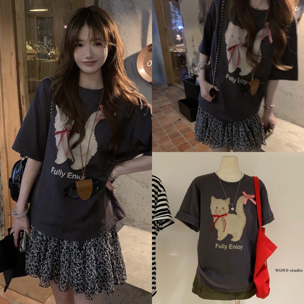 🧡🧵 🇰🇷 W6499 เสื้อยืด โอเวอร์ไซค์ ลายน้องแมว ติดโบว์ น่ารักมากๆค่า ผ้าดีใส่สบาย แฟชั่นเกาหลี TAG WG.WE 🧵🧡