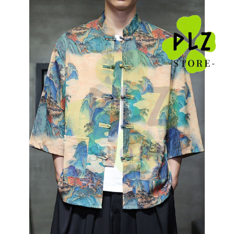 T Tang ชุดฤดูใบไม้ผลิผู้ชาย Tang ชุดแขนสั้นเสื้อยืด High-End สไตล์จีนพิมพ์ปุ่มชายหาดสาม Quarter เสื้