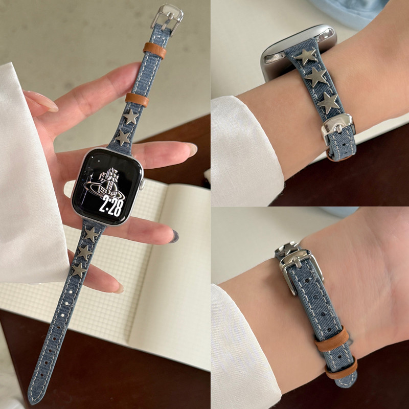 สายเดนิมบางเฉียบลายดาว สำหรับ Apple Watch Strap Series 11 10 Ultra 2 9 8 7 6 5 SE 4 3 สายนาฬิกาผู้หญิง Band iWatch 49 46 45 44 42 41 40 38mm