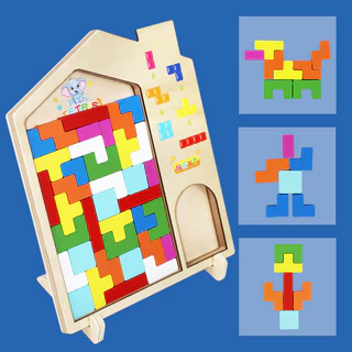 Geetoy 43 ชิ้นชุด 3D Tetris ไม้ Montessori ของเล่นเกมปริศนาปริศนาของเล่นเพื่อการศึกษา