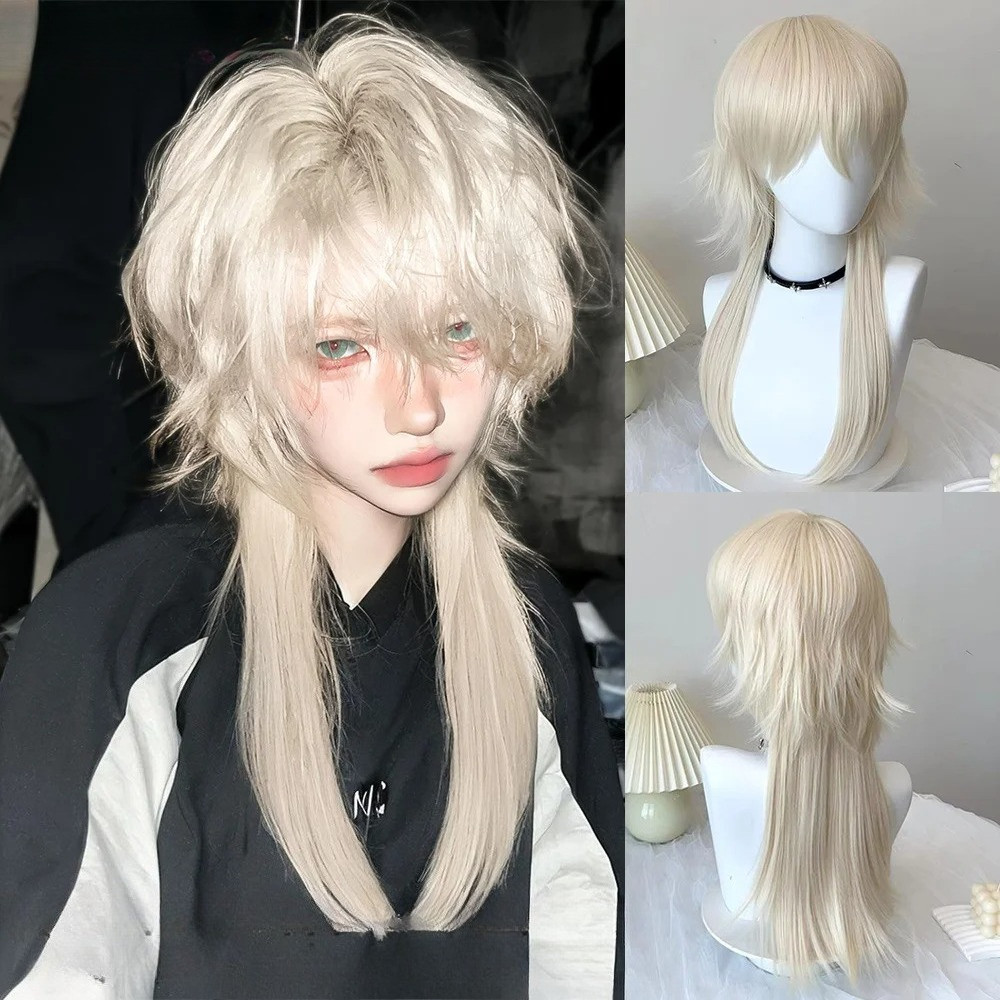 สีแดงยาวตรงหางหมาป่าชั้นปุยวิกผมสําหรับผู้ชายและผู้หญิงทุกวันพรรคโลลิต้าอะนิเมะเครื่องแต่งกายคอสเพลย์ด้วยฟรีตาข่ายคลุมผม