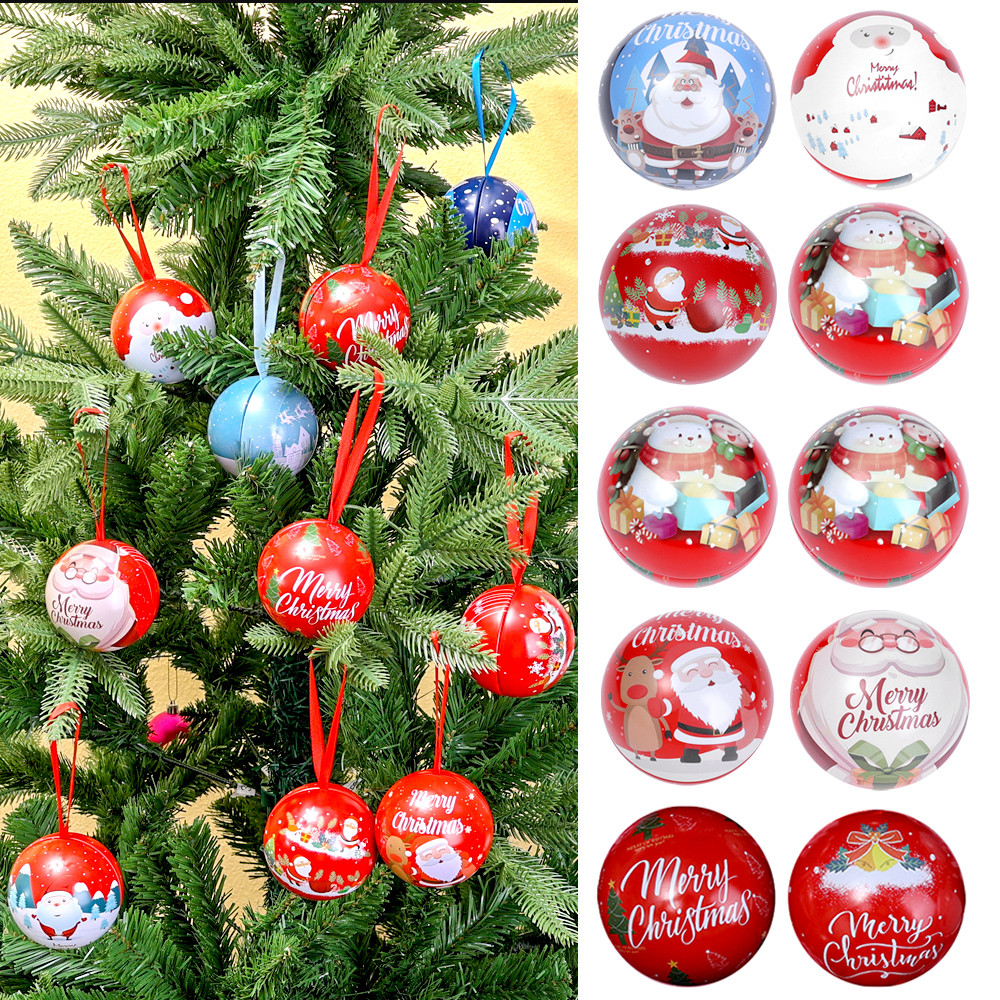 กล่องขนมคริสต์มาสทรงกลม พิมพ์ลายซานตามาและต้นไม้ พร้อมแขวนเป็นเครื่องประดับตกแต่ง