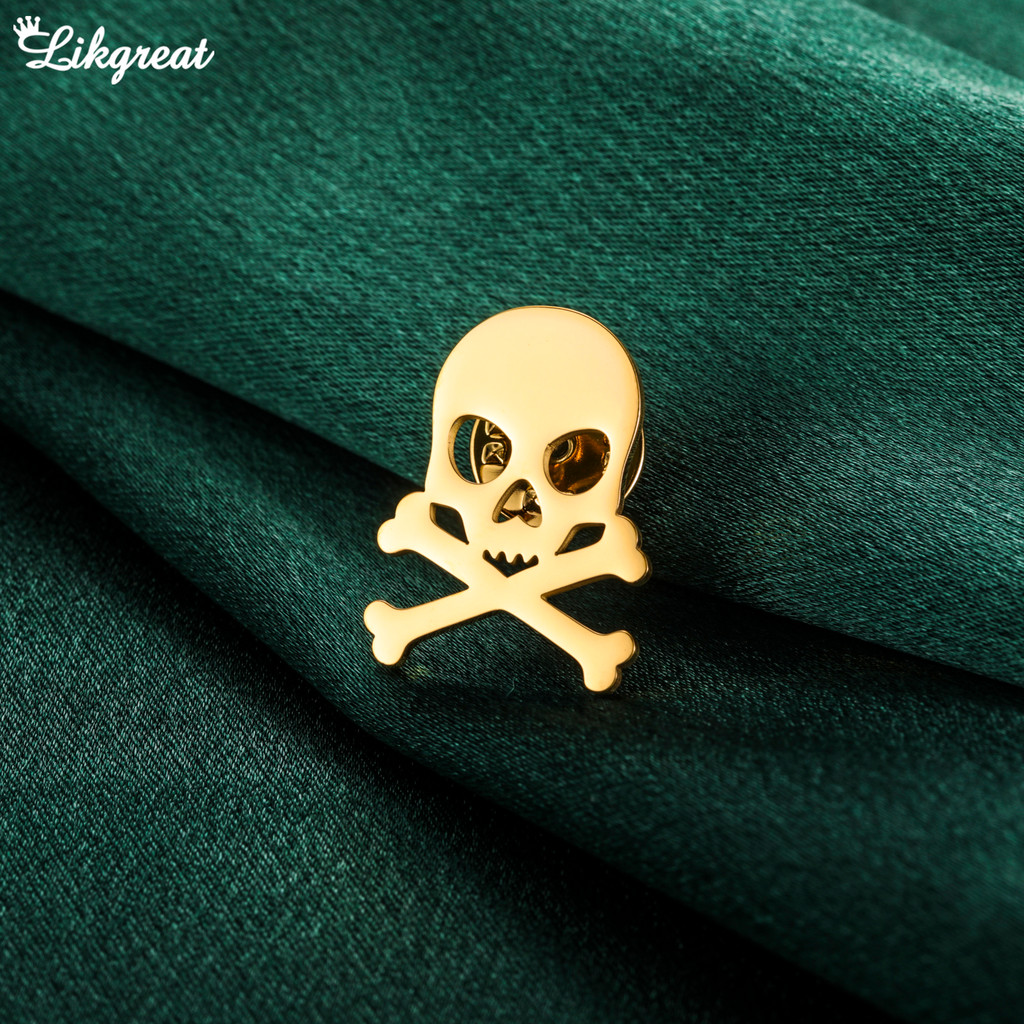 LIKGRET Skull and Bones Gold Plated Badge Mens Collar เข็มกลัด Lapel Pin Suit Accessories