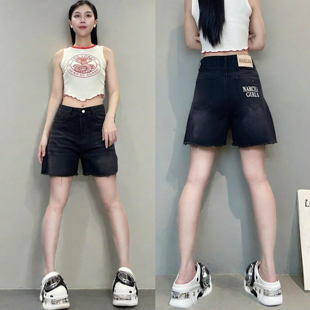 NAMCHAกางเกงยีนส์ขาสั้น กางเกงยีนส์เอวสูงสีดำ ปักNAMCHA 2646