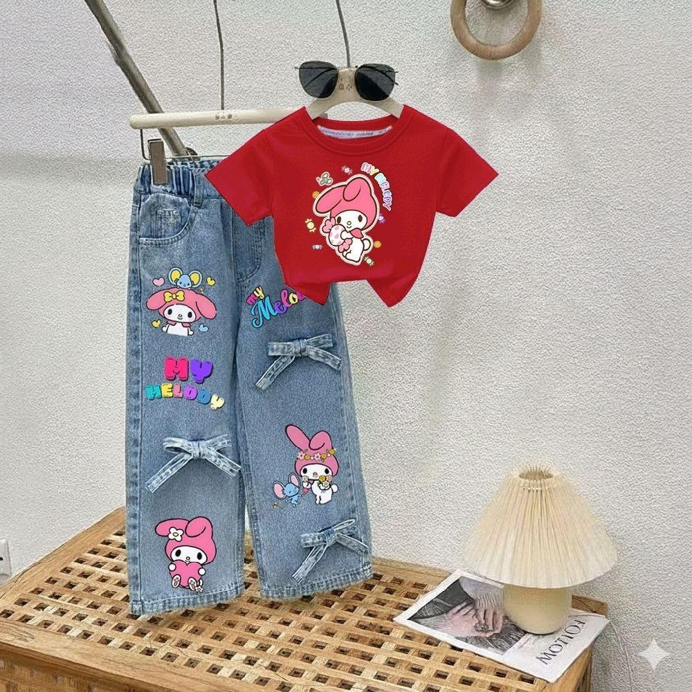 PINKชุดเซ็ทเด็กลายสุดฮิต เสื้อสกรีนลาย+กางเกงยีนส์แท้สกรีนลายแต่งโบว์