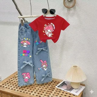 PINKชุดเซ็ทเด็กลายสุดฮิต เสื้อสกรีนลาย+กางเกงยีนส์แท้สกรีนลายแต่งโบว์