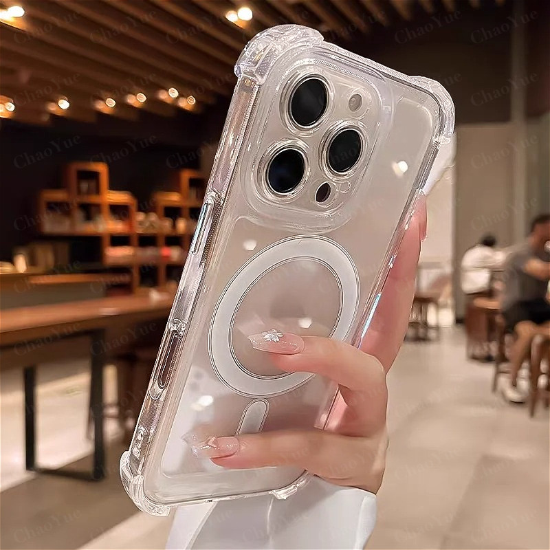 เคสโทรศัพท์กันกระแทกไร้สายแม่เหล็กใส Crystal Clear คุณภาพหรูหราที่ช่วยป้องกันการชน สำหรับ iPhone 11, 12, 13, 14, 15, 16, 17 Pro Max AIR Plus ซิลิโคนโปร่งใส TPU นุ่ม ปกหลังที่มีความสวยงาม