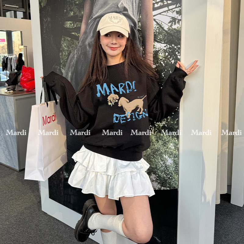 เสื้อสเวตเตอร์คอกลมผู้หญิง นุ่มและพรีเมี่ยม มีลายพิมพ์สุนัขสไตล์เกาหลี เหมาะสำหรับฤดูหนาว
