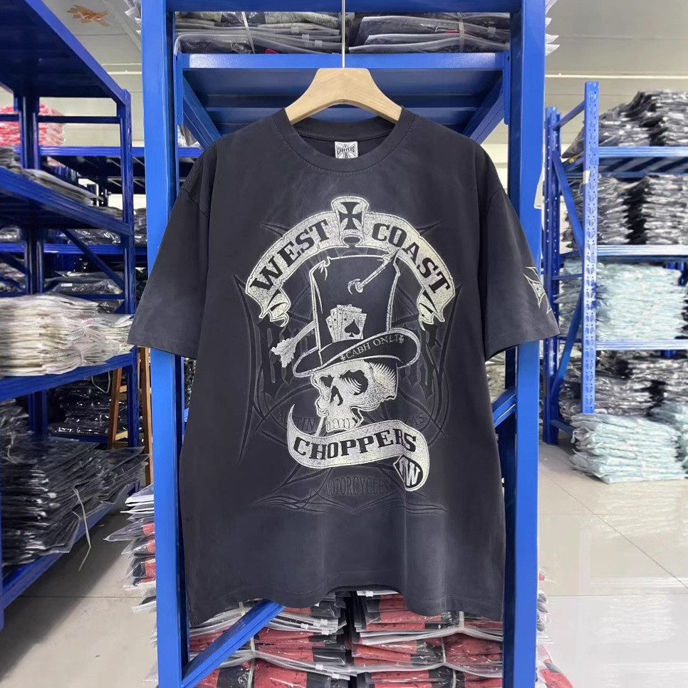 QQB6 West Coast Choppers Letter Skull Wash Vintage Distressed Short Sleeve T Men's T-shirt