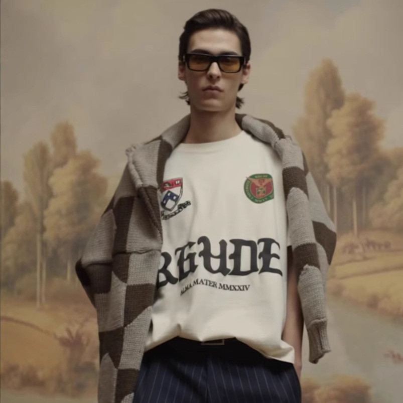 JIFL RHUDE Slogan Logo Printed Short Sleeve High Street Retro Loose Round Neck Couple T Summer Short