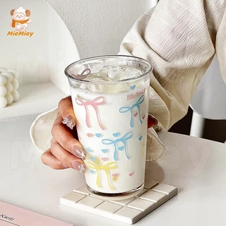 แก้วน้ำใส ลายโบว์ ลายจุด แก้วน่ารัก สไตล์มินิมอล เหมาะสำหรับร้านกาแฟ คาเฟ่ ใช้ที่บ้านได้