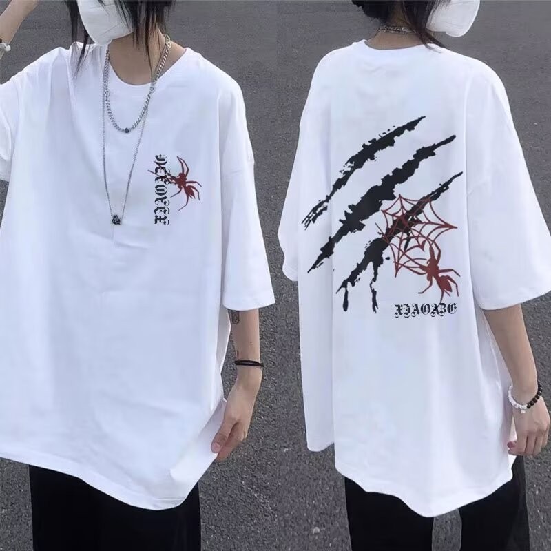 2025 NEW 2025 American Retro Spider Print Round Neck Short Sleeve T-Shirt for Women 2024 New Loose V