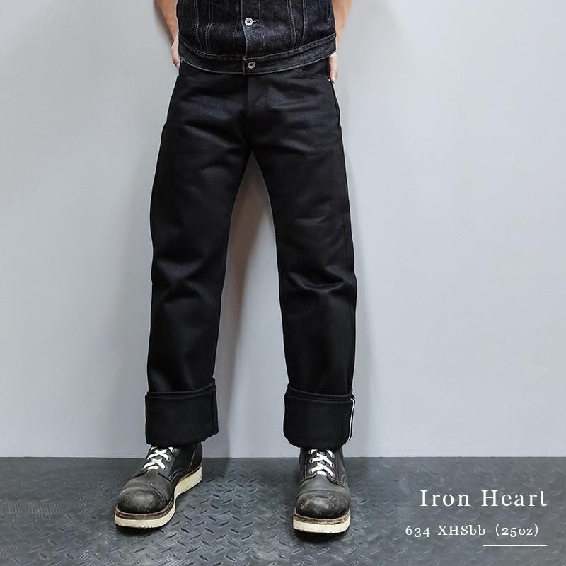 Iron Heart 634-XHSbb กางเกงยีนส์สีดำ ทับPRINTFสองครั้ง หนักพิเศษ 25 ออนซ์ ทรงขากว้าง