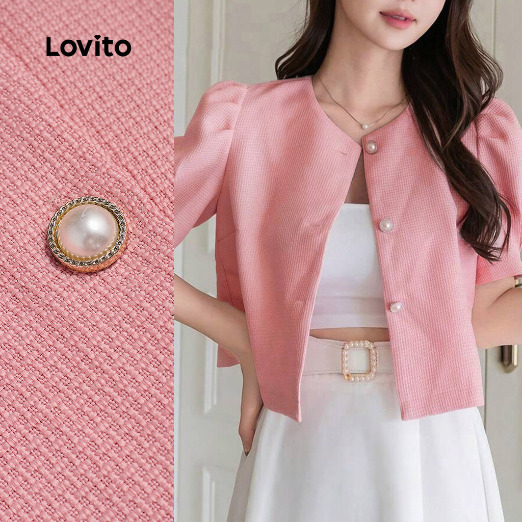 Lovito ลําลองไข่มุกธรรมดาปุ่มจีบพื้นผิวผ้าฤดูร้อนฤดูใบไม้ผลิเสื้อสีชมพูสําหรับผู้หญิง L135AD514