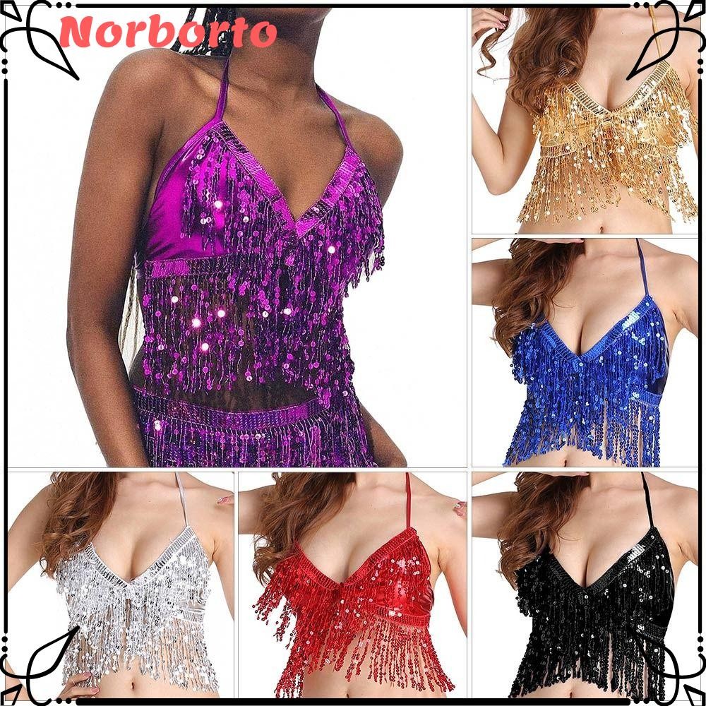 NORBORTO Belly Dance Bra Stage Dance Wear เลื่อมพู่ Halter Bra