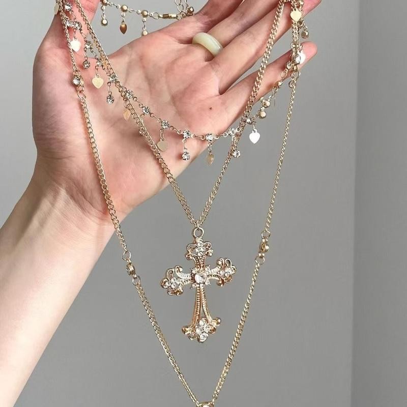 Meihang แฟชั่นเกาหลีสามชั้นสร้อยคอจี้ข้ามสําหรับผู้หญิงผู้ชาย Hip-hop Goth นักเรียนเครื่องประดับของข