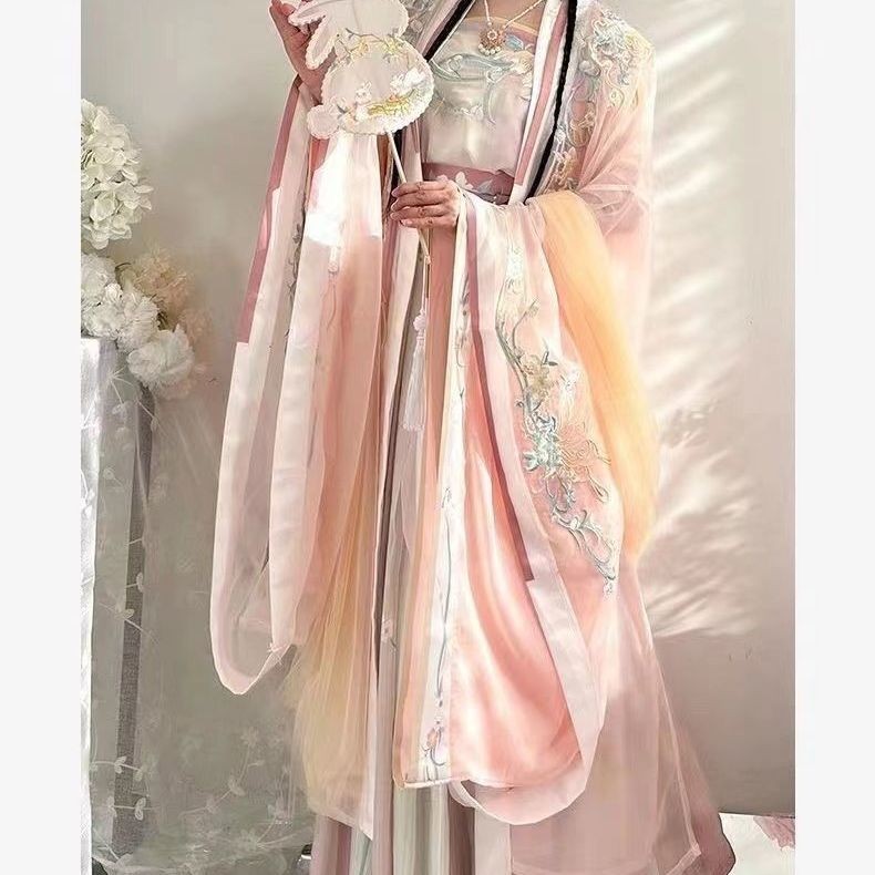 [蝶恋花语]原创齐腰大袖衫吊带百褶裙渐变绣花宋制汉服女[Butterfly Love Flower Language] Original Waist Sleeve Shirt Slingxianqia