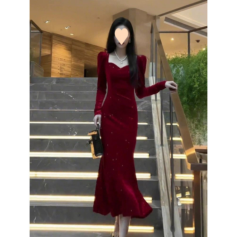 สไตล์ฝรั่งเศสคริสต์มาสสวมใส่ High-End Retro Over-the-Knee Hip Dress ชุดเดรสหางปลาสีแดงสไตล์สาวร้อน 9